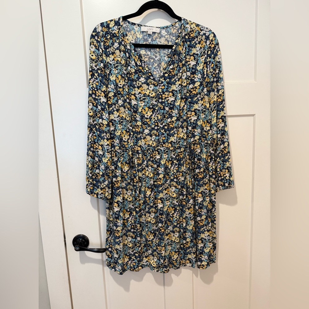 LOFT Floral Mini Long Sleeve Dress, Size Large Petite